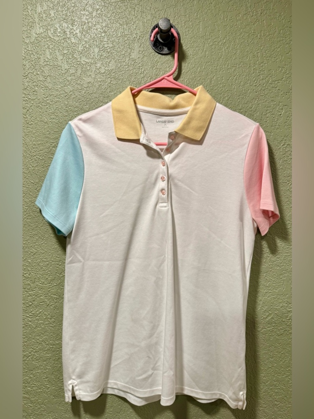 Womens Lands' End Polo white blue pink with Yellow Trim Size M
